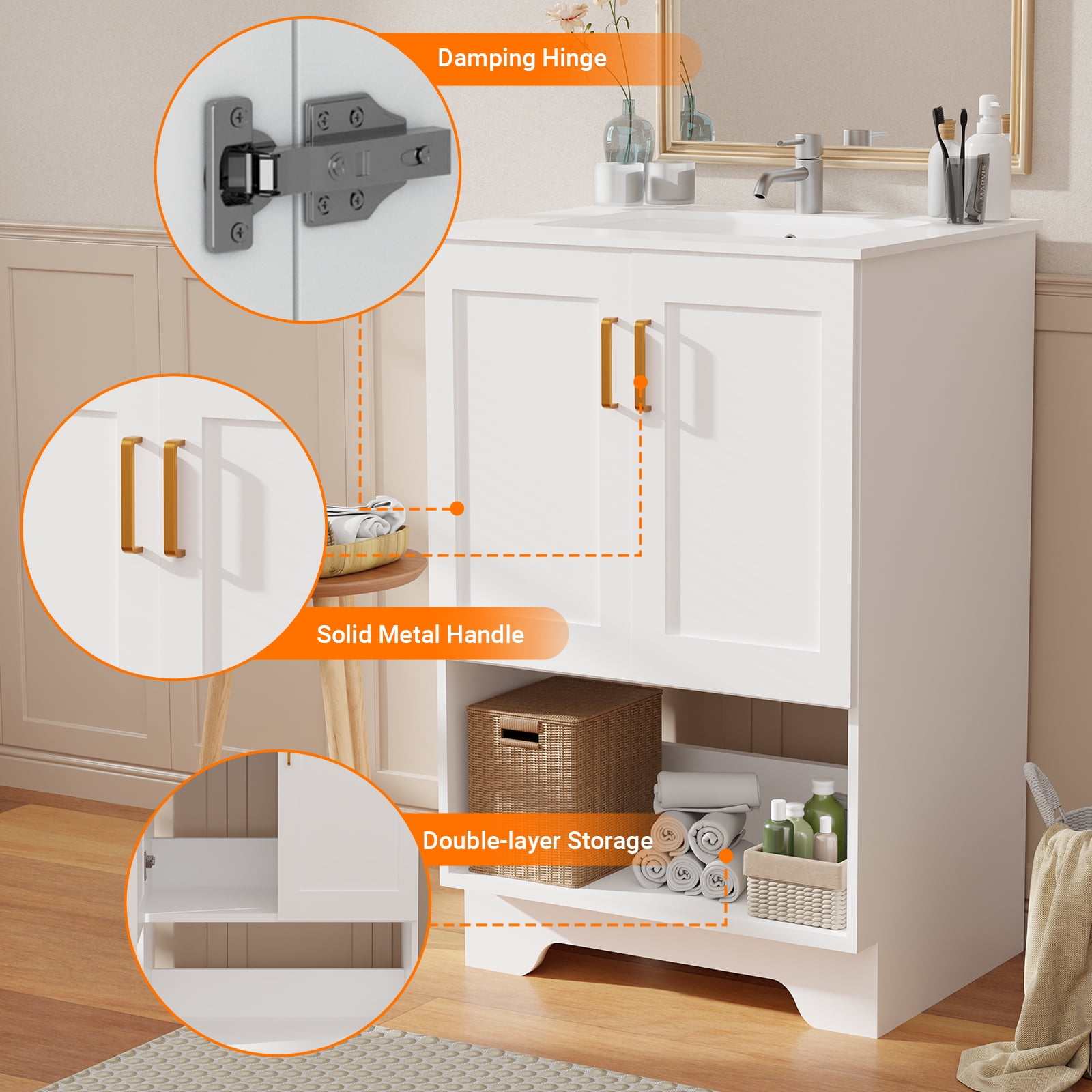 KZElegy 24 Inch Modern Bathroom Sink Cabinet Freestanding Vanity with Sink,2 Soft-Close Doors & 1 Open Shelf,Bathroom Storage Cabinet,White