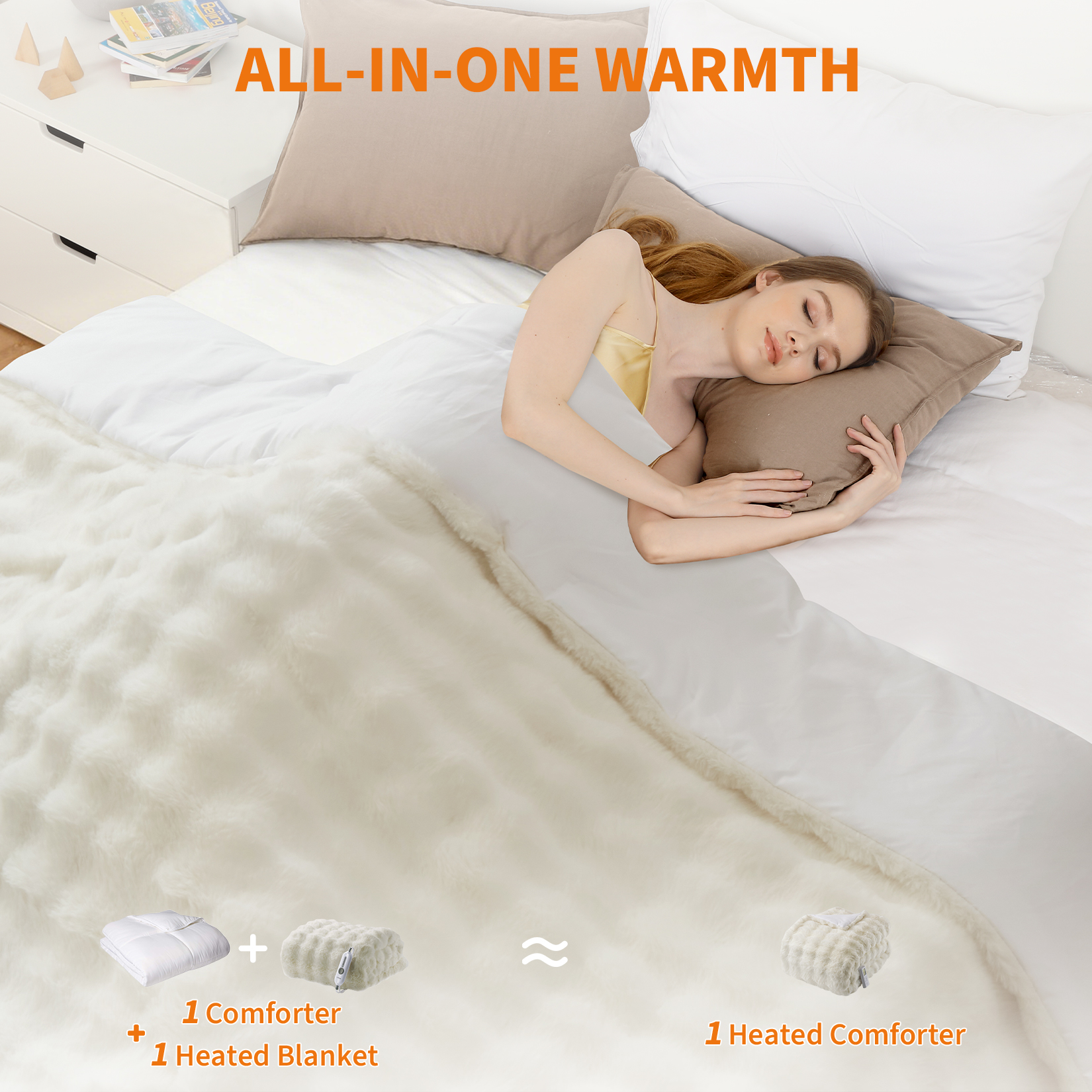 Ultra Soft Heated Blanket Queen Size - Soft Faux Fur Comforter, 6 Heat Levels, Wireless Controller, Fast Heating, 10H Auto-Off, Washable, Cozy Winter Bedding - Cream, 90x90 Inches