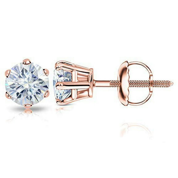 14k Rose Gold Round Moissanite Stud Earrings (1ct TGW, 5mm, H-I) 6-Prong Set, Screw-Back by Diamond Wish