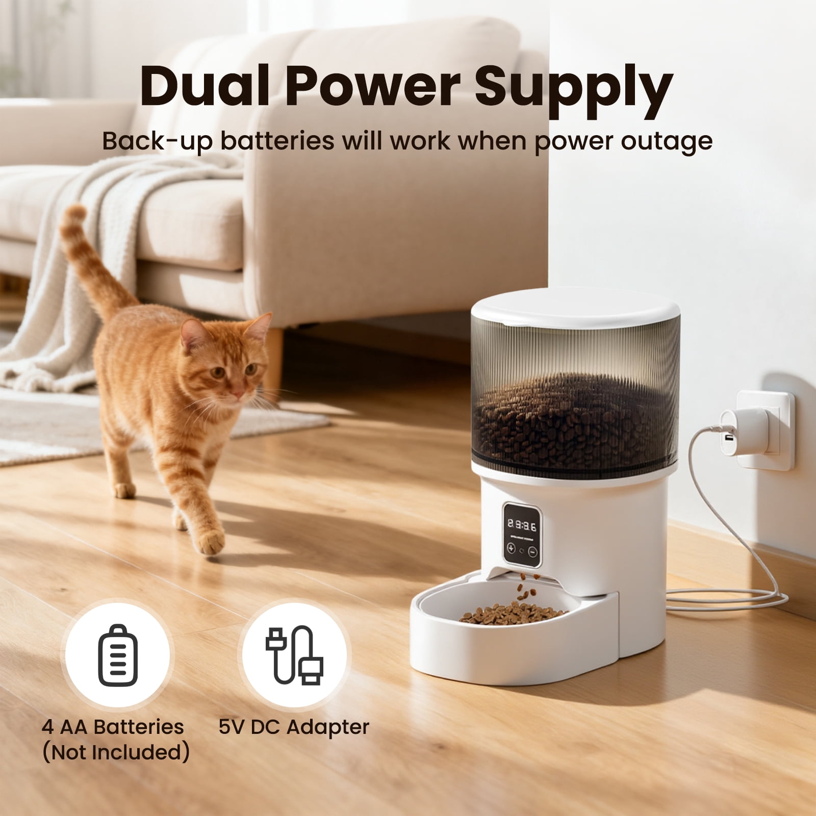 Automatic Cat Feeder, 4L Timed Cat Food Dispenser, Programmable Portion Control, Dual Power Smart Pet Feeder for Cats & Small Dogs, White