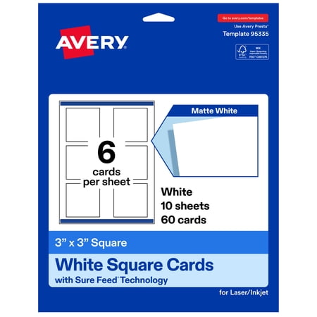 Avery Square Cards, 3" x 3", Matte White, 60 Total