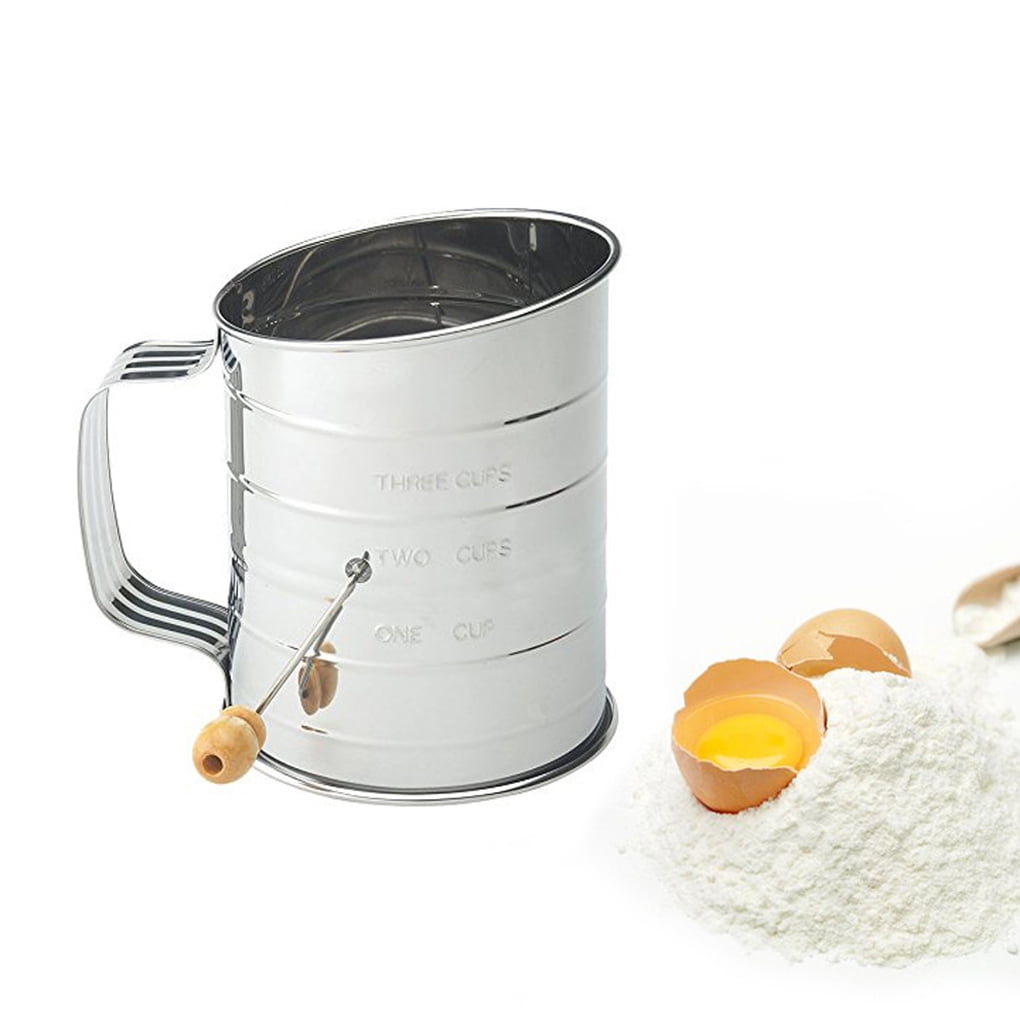 Rinhoo Hand Crank Flour Sifter Stainless Steel 3Cup Measuring Sugar Powder Sieve Cup Kitchen