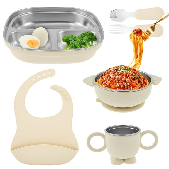 6 Pcs Baby Feeding Set Silicone and Stainless Steel Infant Feeding Set Practical Baby Led Weaning Supplies for Newborn Boy Girl