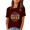 thumbnail image 2 of ICHUANYI Clearance Women's Fashion Summer Round Neck Leisure Short Sleeve New Year Printing Tops(Wine, XXL) ICHUANYI WER2023081501722, 2 of 6
