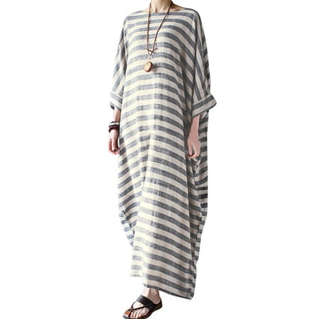 Women's Striped Half Sleeve Round Neck Maxi Dress Kaftan