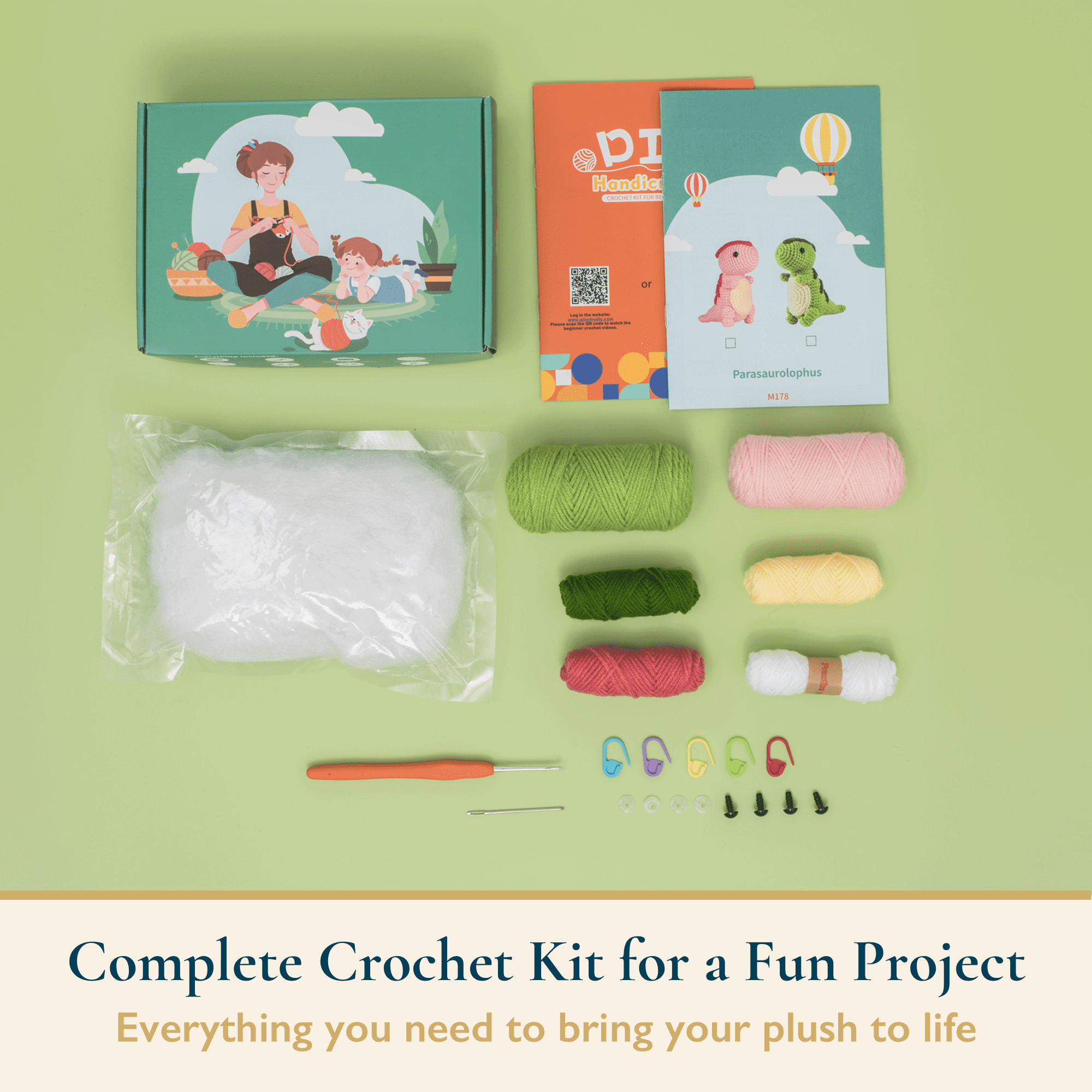 ComfiTime Crochet Kit for Beginners to Intermediate – Amigurumi Starter Kit w/ Video Tutorials & Step-by-Step Instructions, Complete Animal Craft Accessories for Adults, Kids & Gift Giving,Dinosaurs
