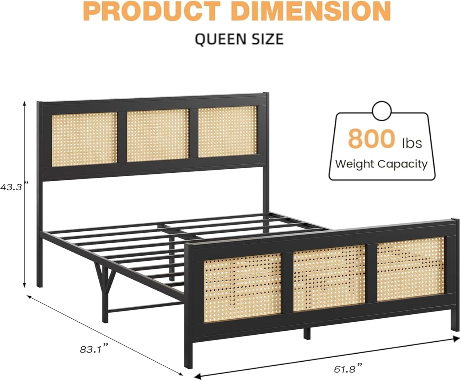 Memoryfield Queen Size Bed Frame with Metal Slats Support, Rattan Platform Bed Frame with Headboard, No Box Spring Needed, Black
