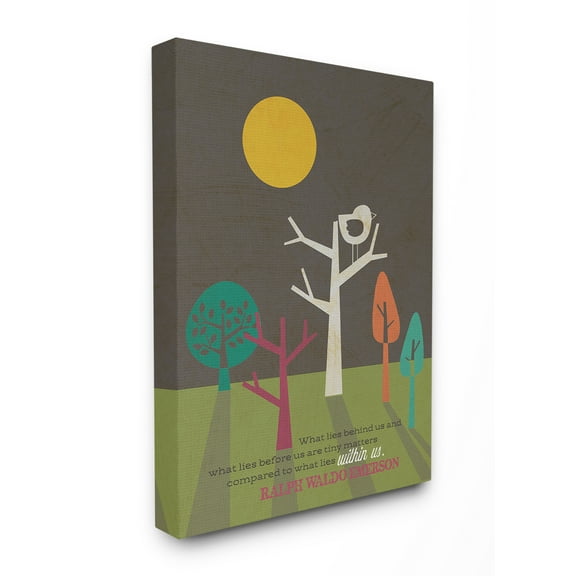 The Stupell Home Decor Collection Emerson What Lies Within Us Quote Typography Mod Bird And Trees Stretched Canvas Wall Art, 30 x 40