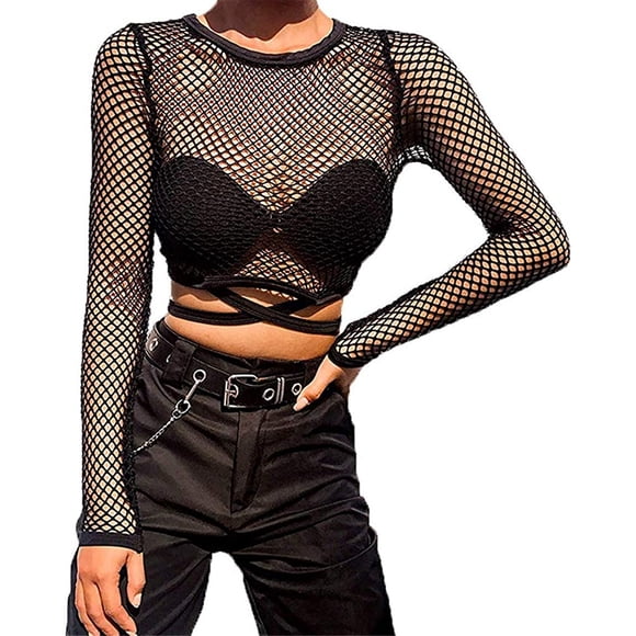 EYIIYE Women Sexy Mesh Long Sleeve T-Shirt Fishnet Cutout Bandage Top