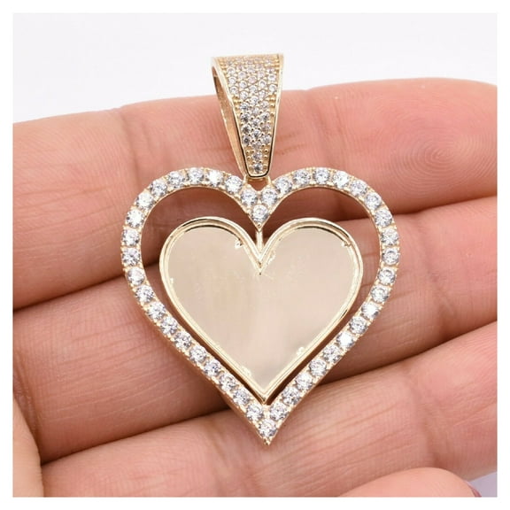 CZ Reversible Heart Medallion Picture Memory Women’s Adult Pendant 10K Yellow Gold,5.90Gr-Goldum NYC