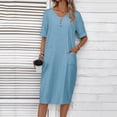 thumbnail image 4 of Women's Plus Size Dress Casaul Button Short Sleeve V-Neck Loose Solid Color Summer Beach Midi Dress with Two Pockets Light Blue S-2XL, 4 of 8