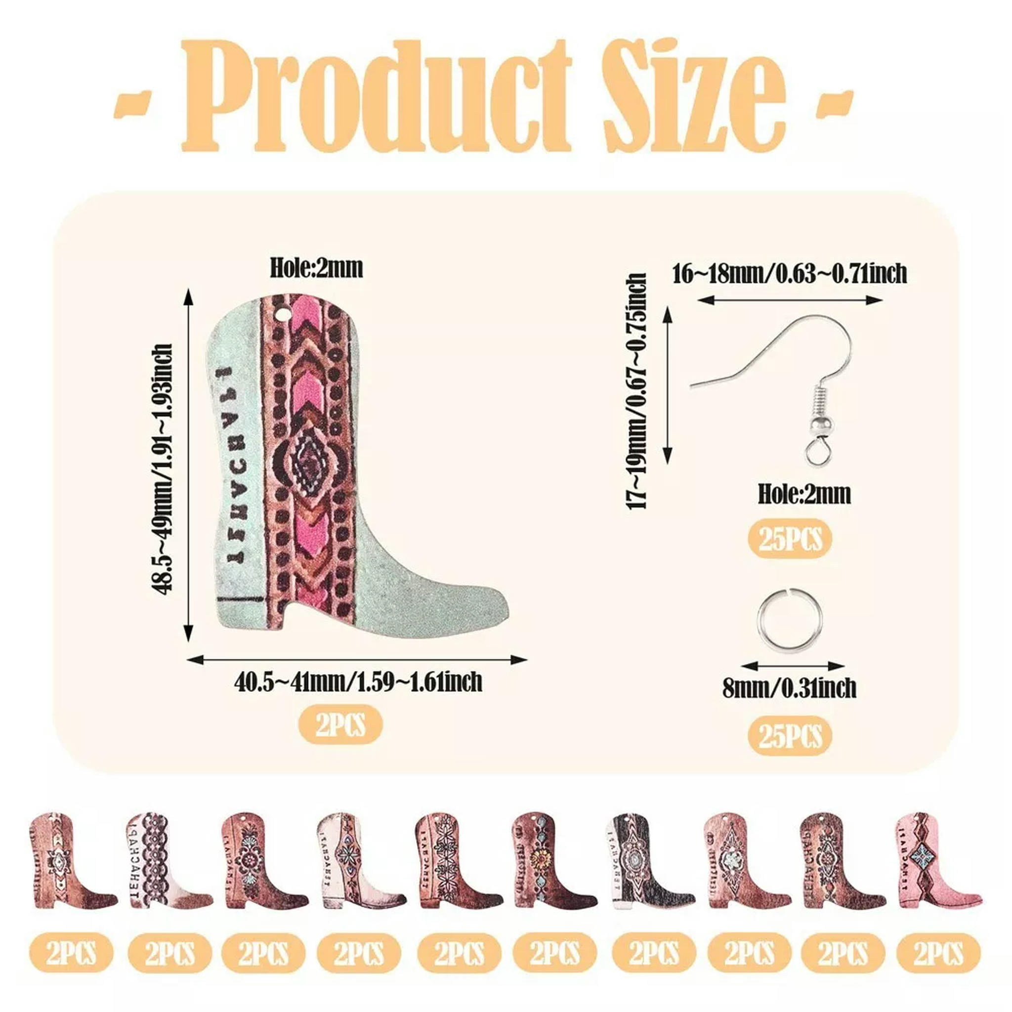 EOEMY 1Box Diy West Cowboy Boot Wood Dangle Earrings Jewelry Finding Making Kit 8~49mm