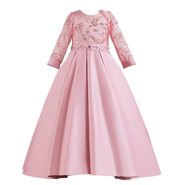 Robe de Princesse pour Filles Performance Manches Longues Brodée Robe Formelle Longueur Complète avec Jupe Plissée et Superposition Florale pour Occasions Spéciales Robe de Princesse pour Filles (Rose Clair 160)