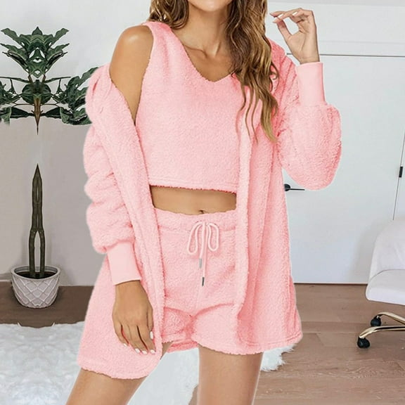 Women Fuzzy 3 Piece Pajamas Solid Color Cozy Fleece Hooded Cardigan Sleeveless Crop Tops and Shorts Warm Pajama Set (Pink M)