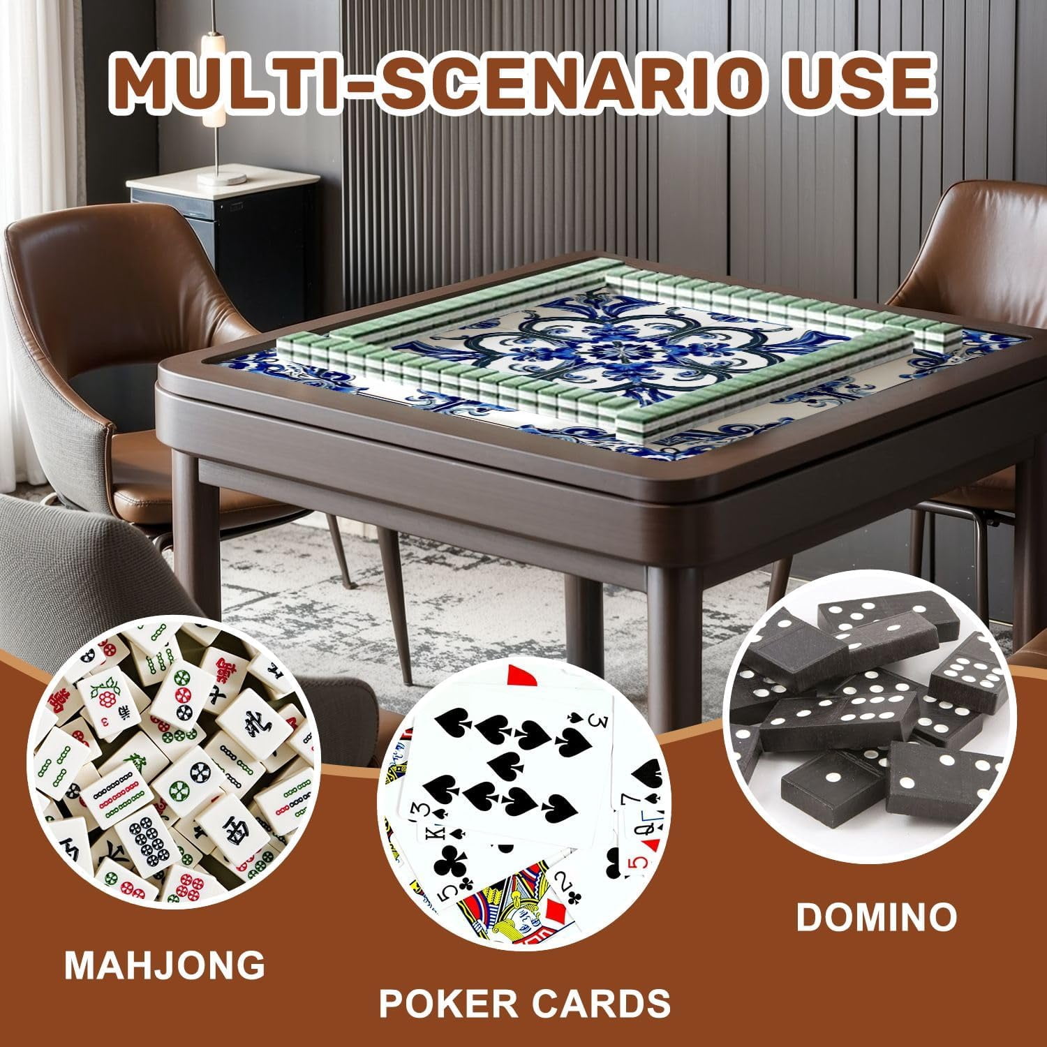 Mahjong Mat 31.5" x 31.5" Blue Floral Tile Decorative Swirls Intricate Detailing Non-Slip Noise Reduction Mahjong Tiles Table Cover for Dominoes Poker Card Board and Tile Games Gift