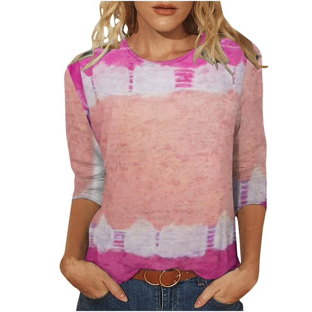 Pompotops T-shirt Imprimé Mode Femme Mi-Longueur Manches 3/4 Chemisier Col Rond Manches Courtes