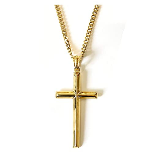 24K Gold Chain SMALL Bevel Cross Pendant Necklace 3MM Cuban