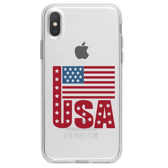 DistinctInk Clear Shockproof Hybrid Case for iPhone XS Max (6.5" Screen) - TPU Bumper Acrylic Back Tempered Glass Screen Protector - USA Flag Banner Red White & Blue