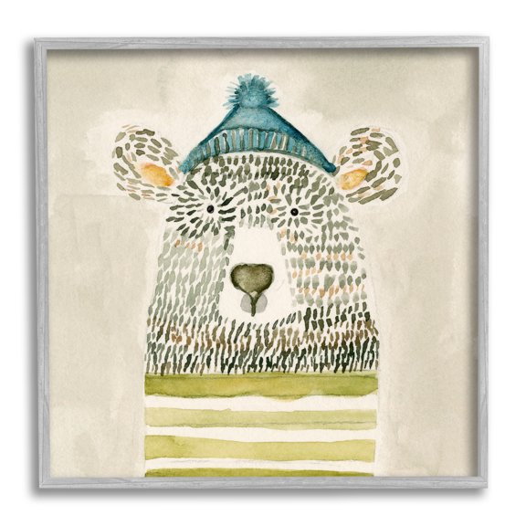 Stupell Industries Hipster Bear with Striped Shirt Blue Beanie Animals & Insects Painting Gray Framed Art Print Wall Art, 24 x 24