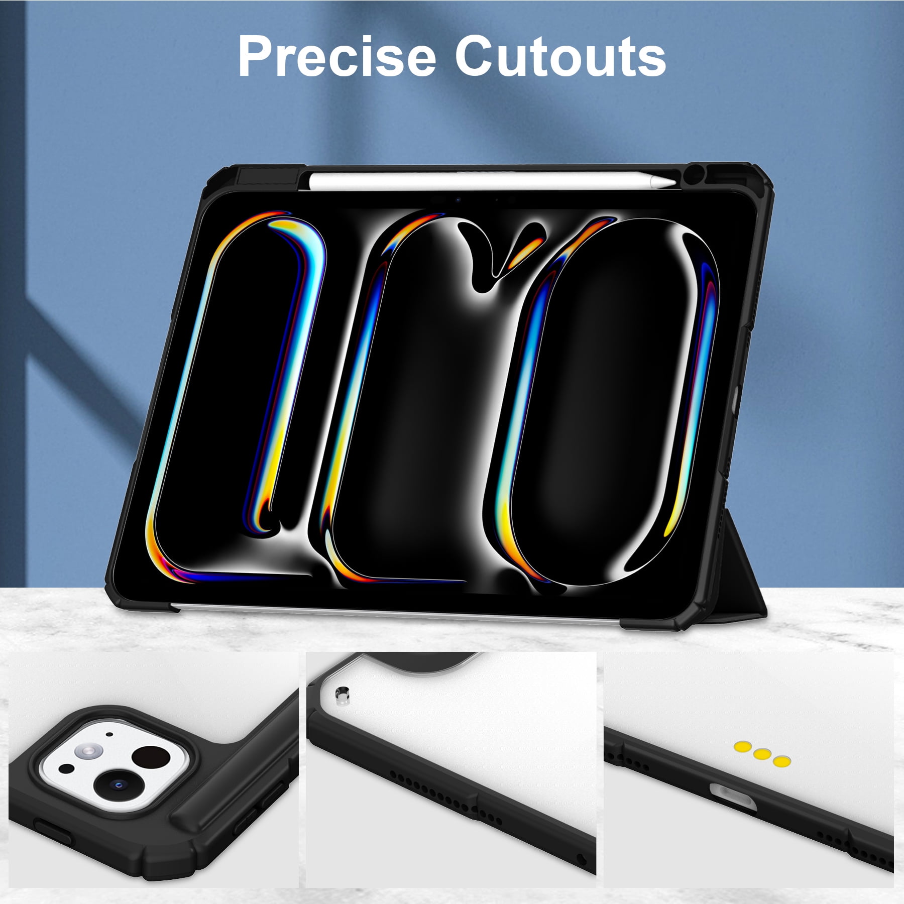 Allytechgroup Folio Stand Case for iPad Pro 13 inch M4 (2024) with Clear Transparent Back & Soft TPU Shockproof Frame Cover [Pencil Holder] [Auto Sleep/Wake] Smart Lightweight Trifold Shell, Black