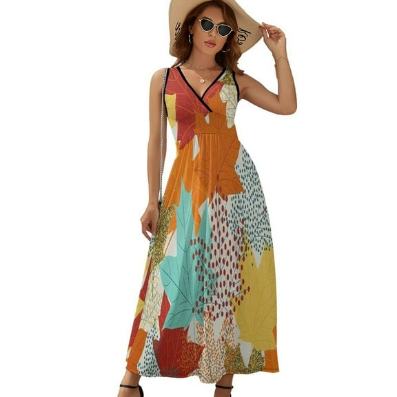 Multi-Color Leaves Dress Summer Street Style Bohemia Long Dresses Female Sleeveless Printed Maxi Dress