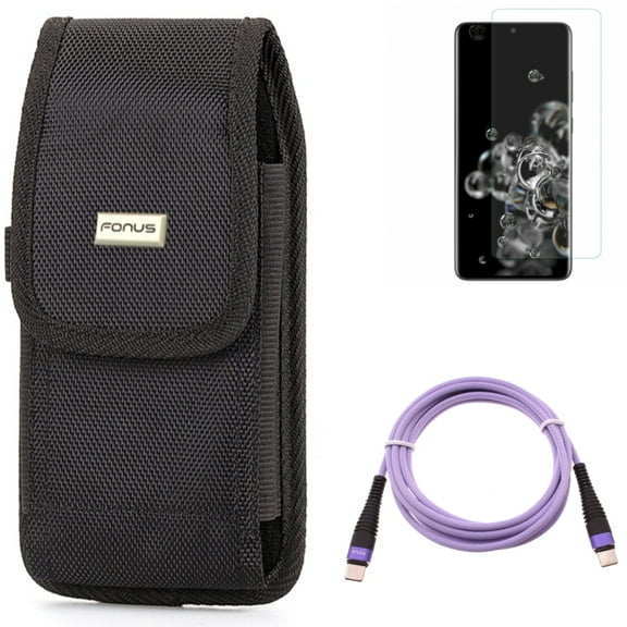 Case Belt Clip w Purple 10ft PD Cable w Screen Protector for Samsung Galaxy S20 Ultra - Rugged Holster Canvas, Type-C to USB-C Fast Charger Cord Extra Long, Tempered Glass fits Galaxy S20 Ultra
