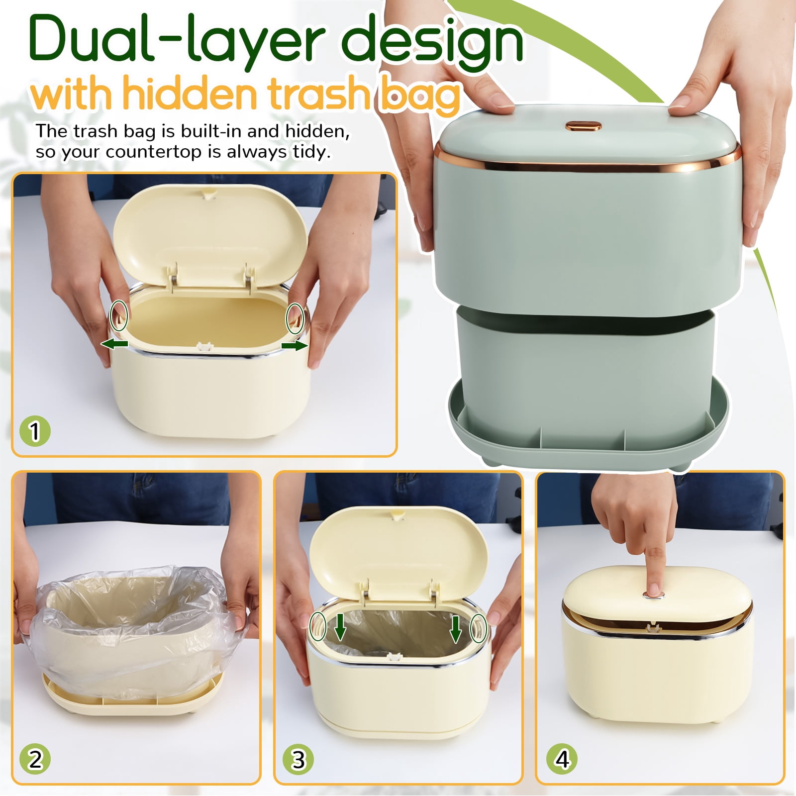 LELE LIFE Mini Trash Can for Desk with 240 Trash Bags, Pop Up Small Desktop Trash Can with Lid, Tiny Countertop Garbage Can for Table Top Bathroom Vanity Nightstand, Green