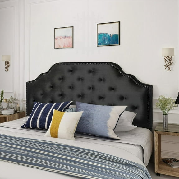Queen Size Headboard in Solid Wood & Metal, Tufted with Nailhead Trim & Adjustable Height, Modern Button Tuffted Design