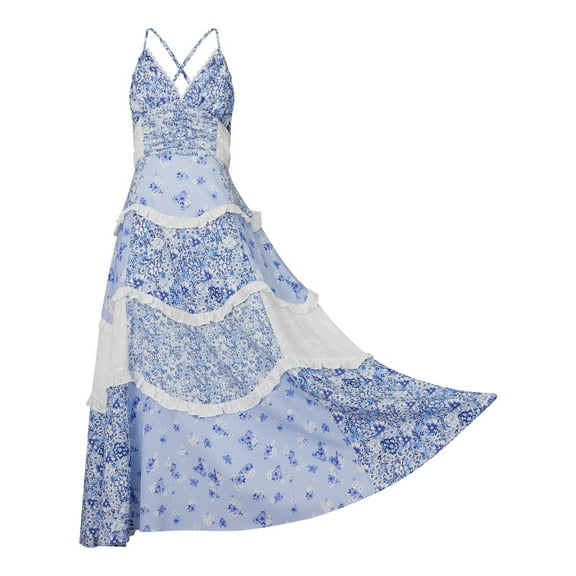 Boho Spaghetti Strap Maxi Dress for Women Floral Print Lace Patchwork Flowy Dresses Beach Summer Vacation Dress