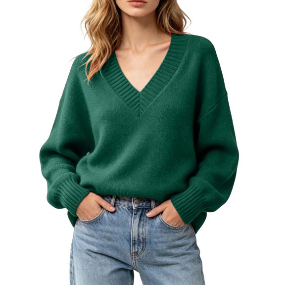 HTNBO Women Deep V Neck Ribbed Trim Drop Shoulder Oversized Long Sleeve Soft Knit Pullover Sweater