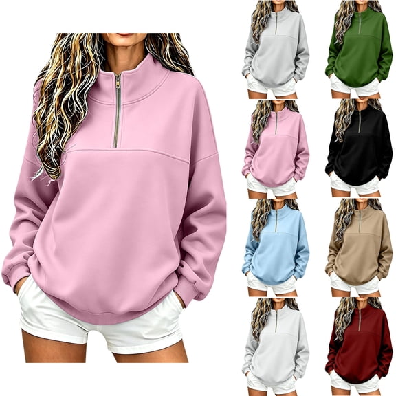 Women Sweatshirt Zaewscy Women's Solid Color Loose Half-ZipLong-Sleeved Turndowm Collar Tops Pink XL