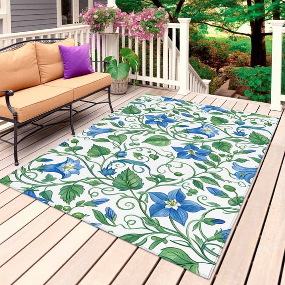 Blue Green Botanical Outdoor Rug 4x6 Ft, Non Slip Washable Area Rug, Watercolor Spring Floral Summer Patio Rugs Carpet Runner, Large Floor Mat for Indoor/Outdoor Deck Porch Camping