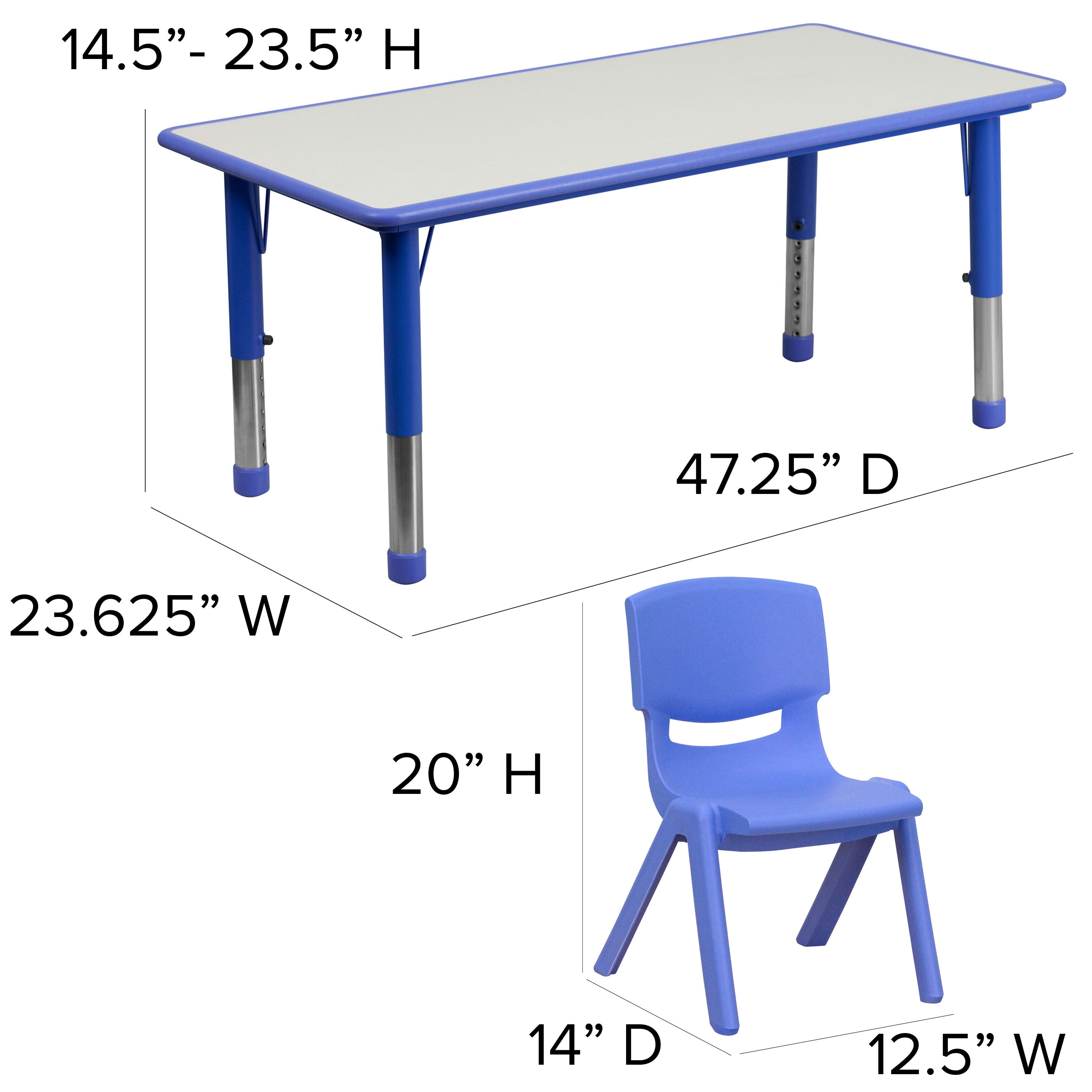 23.625" W x 47.25" L Blue Plastic Activity Table Set-6 Chairs