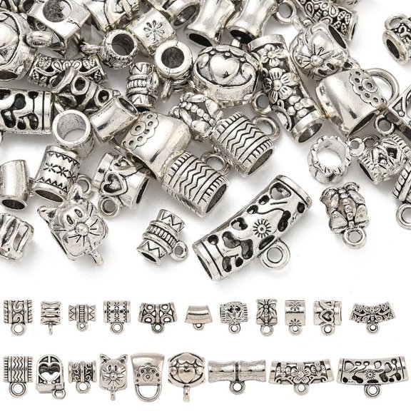 60Pcs 20 Styles Tibetan Style Alloy Tube Bails Loop Bails Hanger Links Antique Silver 8~15x7~22x5~11mm Hole: 1~2.7mm Inner Diameter: 3~6mm 3pcs/style