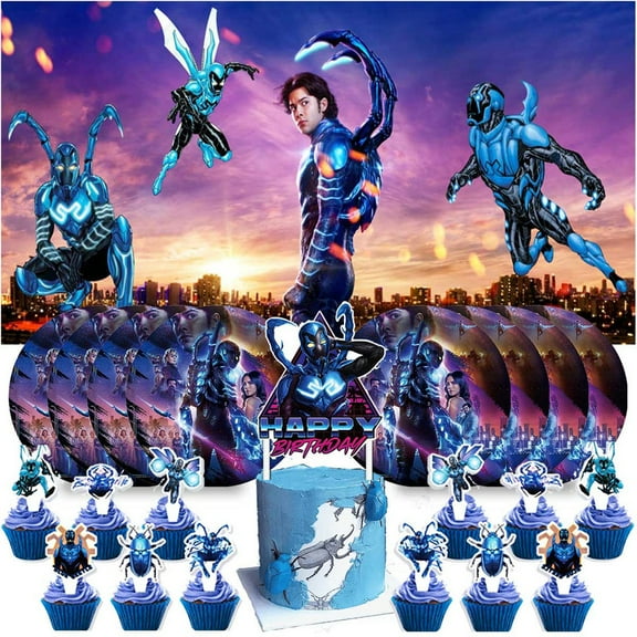 Blue Beetle Party Supplies Decor Decorations Plates Background Cake Topper Fans Banner Backdrop