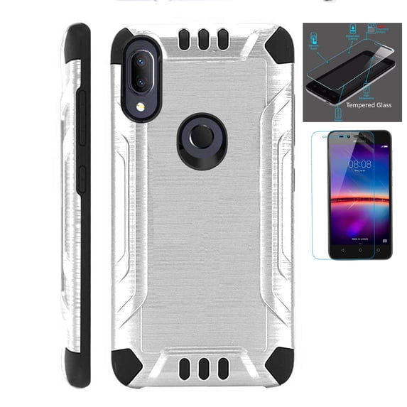Compatible with Cricket Lumos | Alcatel AXEL + Screen Protector Brushed Metal Texture Hybrid Combat Phone Case Cover (Silver/Black)