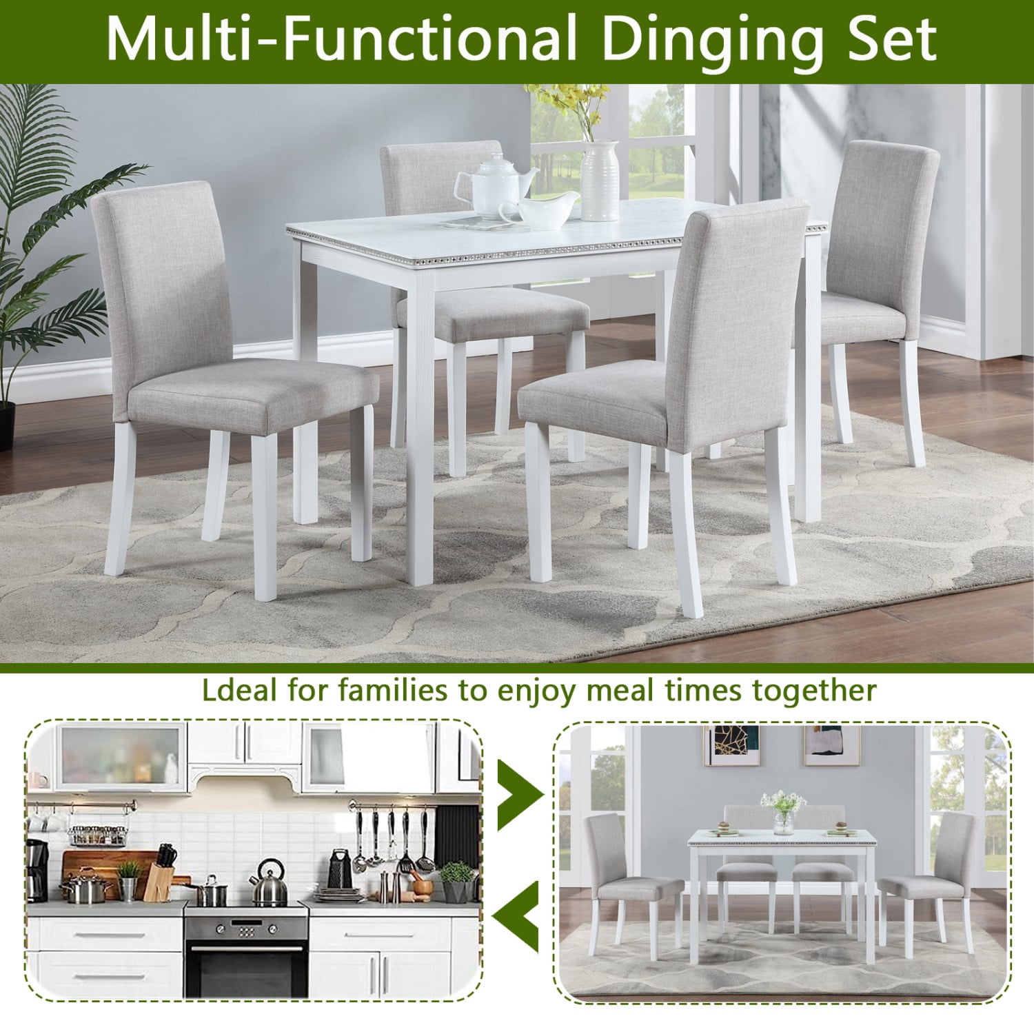 Gewnee Dining Table Set for 4, Modern 5-Piece Kitchen Table and Chairs,Dinette Sets for Breakfast Nook, Dining Room