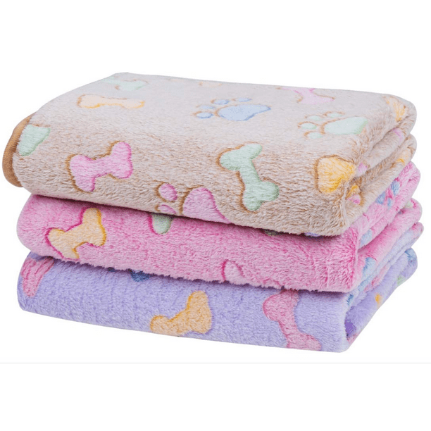 3 Pack Dog Blankets, Soft Fluffy Fleece Pet Blanket Warm Sleep Mat Paw Print Design Puppy Kitten