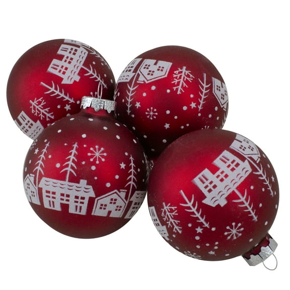 Northlight Snowy City Christmas Glass Ball Ornaments - 3.25" (80mm) - Red - 4ct