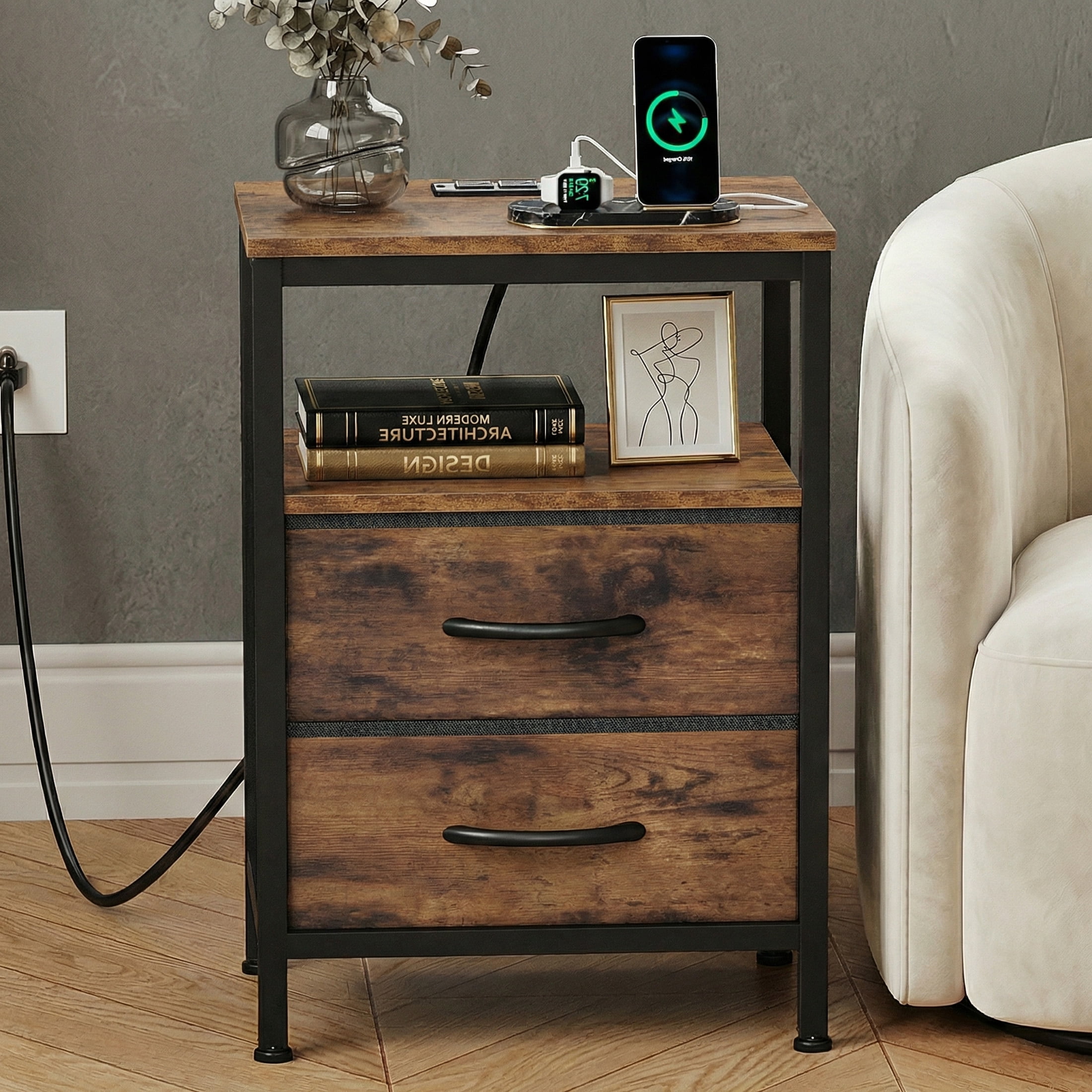 EDX Wall-mounted bedside table, featuring a built-in socket with USB/Type-C interface and adjustable drawers (two). Suitable for bedroom space-saving design. Genuine antique wood color