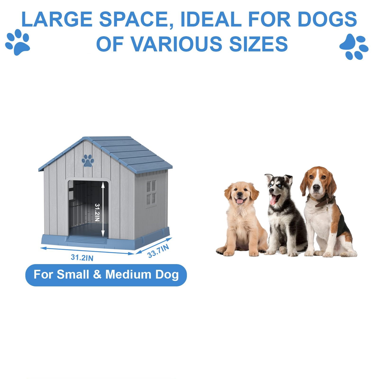Blue 31" Indoor/Outdoor Weatherproof Dog House – Elevated Floor for Small to Large Breeds, Tool-Free Assembly