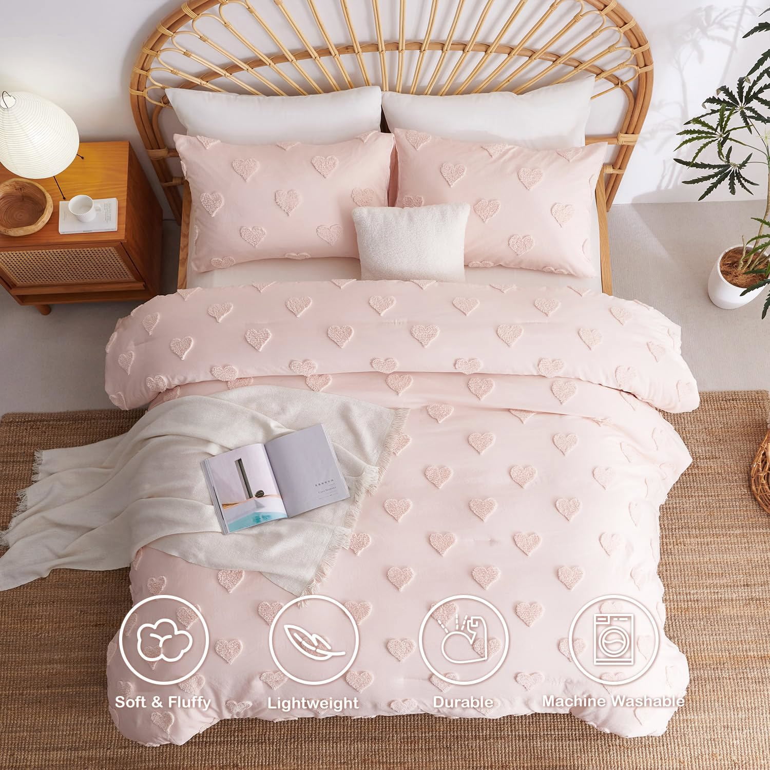 3 Pieces Tufted Heart Dot Pink King Comforter Set Boho Ultra Soft Jacquard Lightweight Comforter Shabby Chic Washed Microfiber Bedding Set
