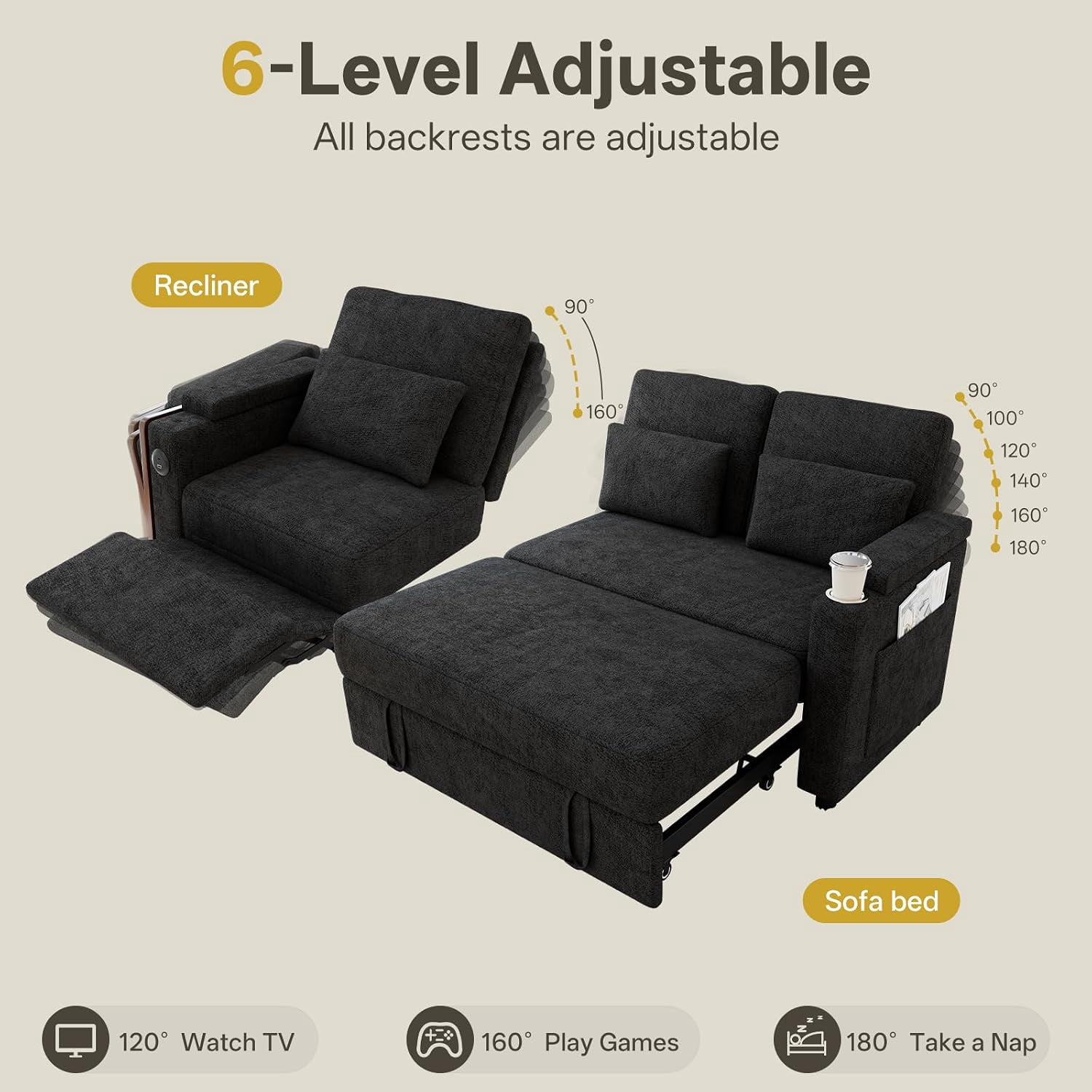 TiramisuBest 81" 3-in-1 Convertible Sleeper Sofa Bed with Power Recliner,Chenille Sofa Couch with Tray Table & USB for Living Room,Black