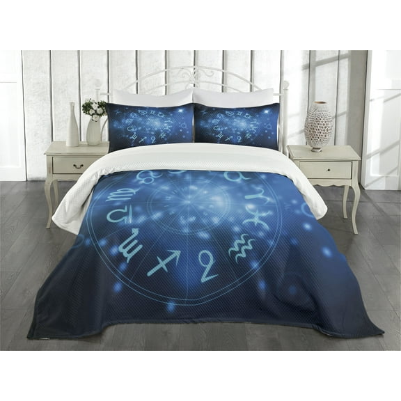 Ambesonne Astrology Quilted Bedspread Set 3 Pcs, Horoscope Wheel Signs, Queen Size, Navy Blue Sky Blue