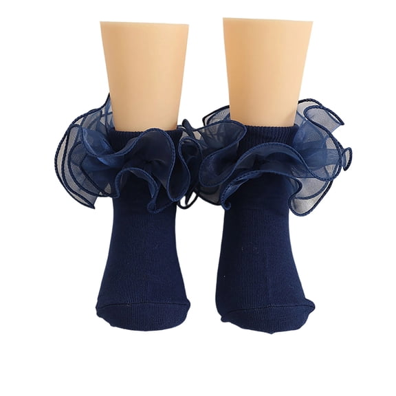 OOOUM Girls Tulle Ruffle Socks Stretchy Kids Ankle Socks Cute Ruffle Socks Dress Party Daily Wear Navy 8-10 Years