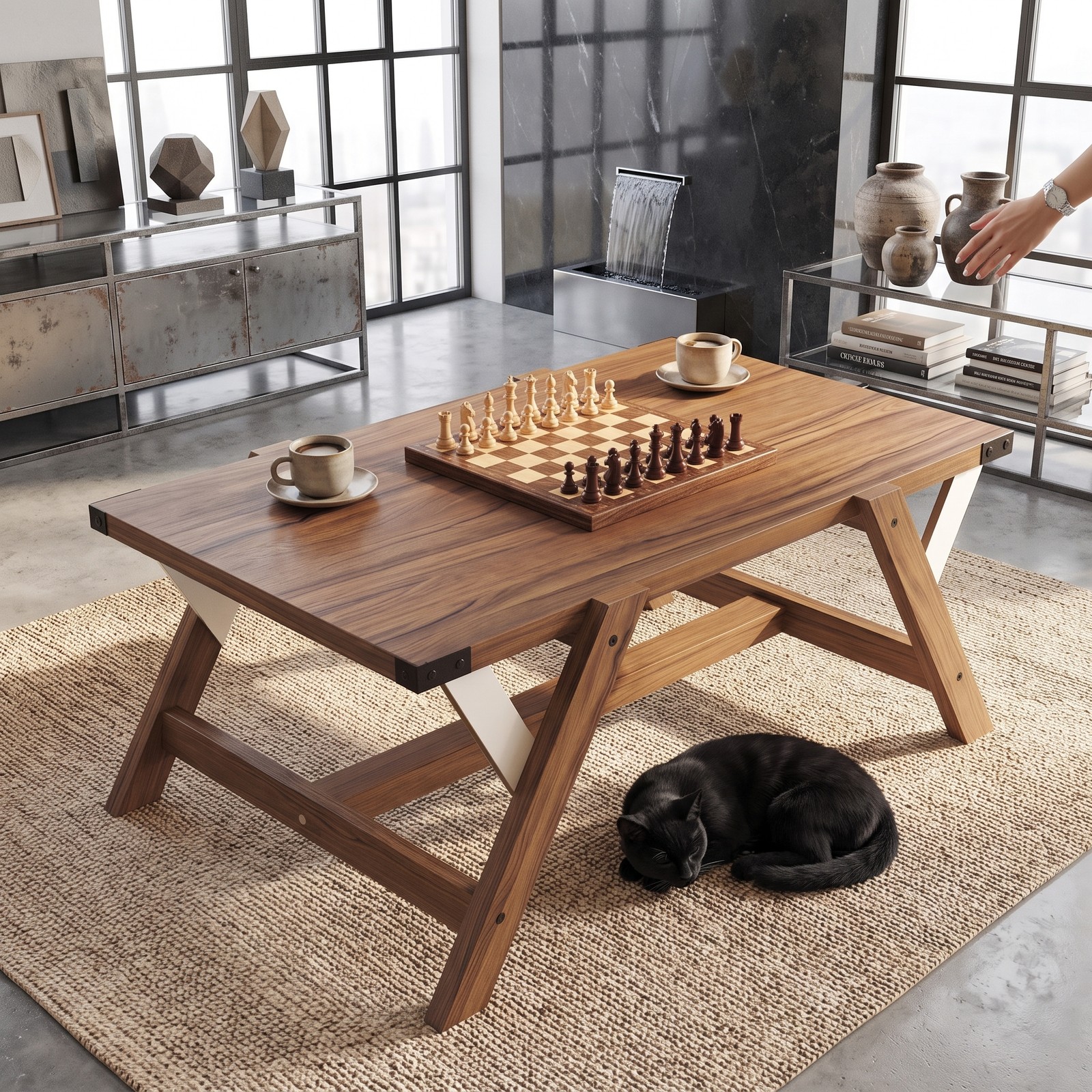 Furnibear Farmhouse Coffee Table, Rectangle Center Table with Nailhead Accents, Wood Living Room Cocktail Table with Anti-Wobble Legs and H-Shaped Base, Walnut