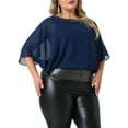 thumbnail image 4 of Agnes Orinda Women's Plus Size Sequin Tops Glitter Double Layer Half Batwing Sleeve Party Casual Sparkle Chiffon Blouse 2X Navy Blue, 4 of 6