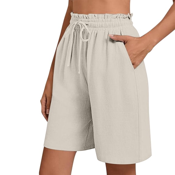 UAMVSH Cotton Linen Shorts for Women Baggy Straight Wide Leg Shorts with Pockets Soft High Waist Strectch Long Shorts