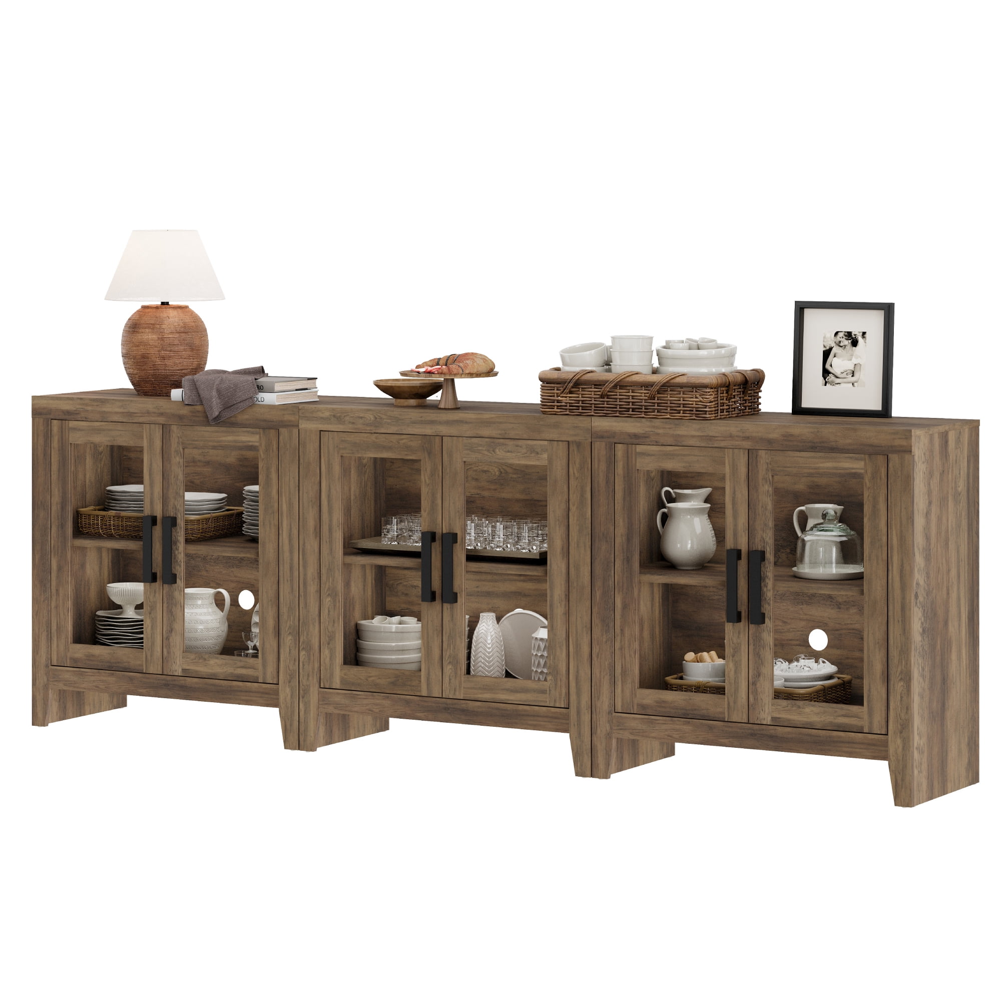 WAMPAT Modern Farmhouse TV Stand up to 100"TV, Entertainment Center with Tempered Glass Doors & Adjustable Shelves, Brown