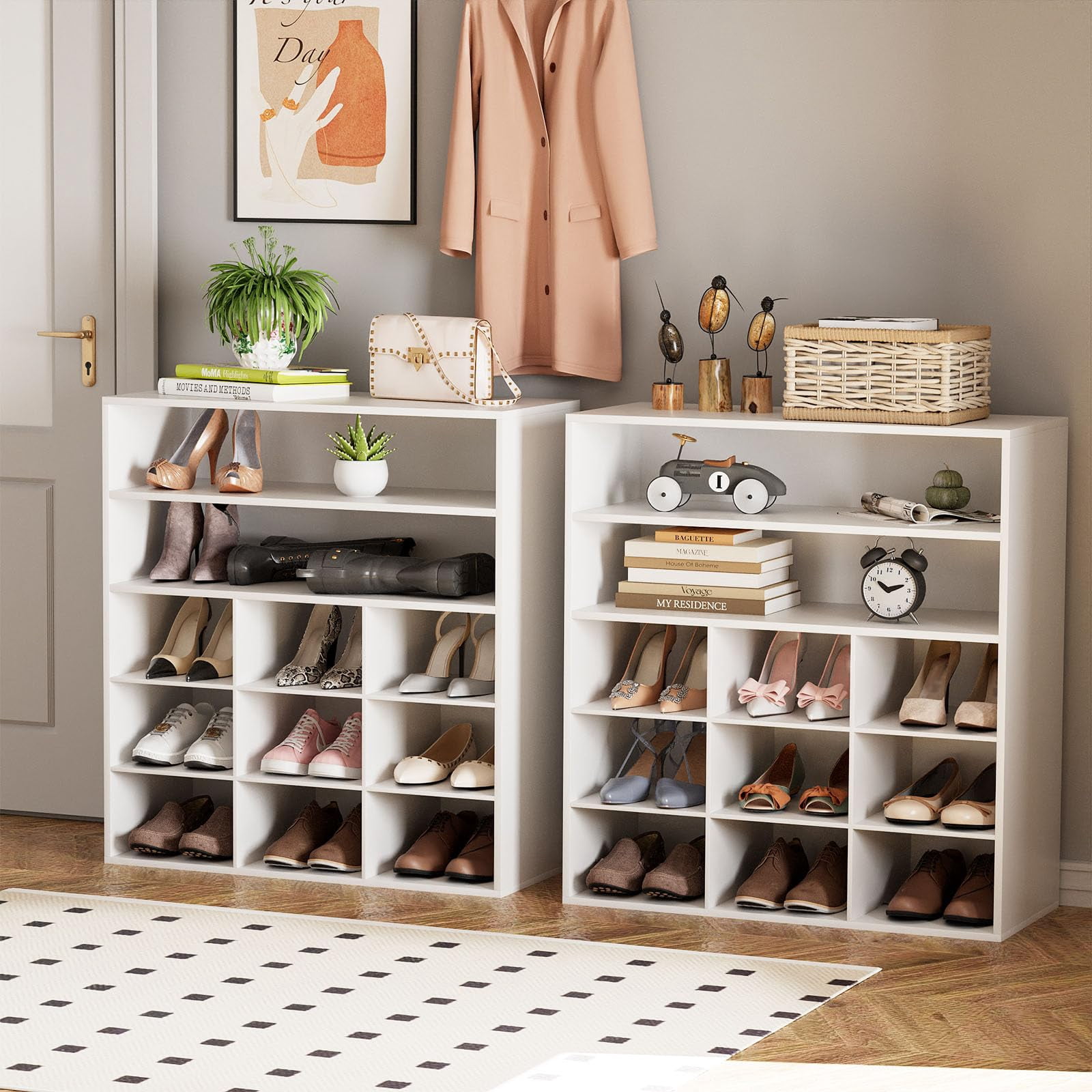 hoe Rack Organizer, 5-Tier Wood Cubby Shoe Rack with 2 Storage Shelf and 9 Cubbies, Shoe Organizer Cabinet for Entryway, Hallway, Closet and Garage, White